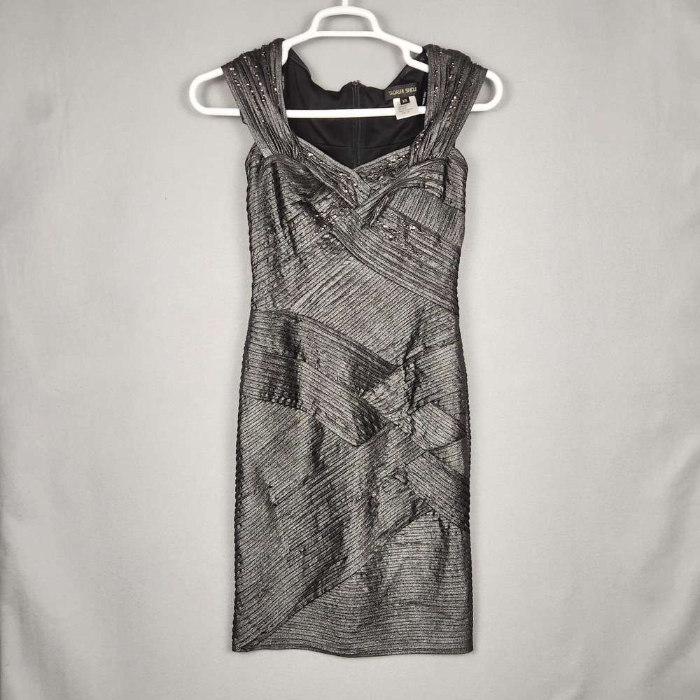 Tadashi Shoji Dress Womens XS Metallic Silver Black Cocktail Sheath Beaded Party